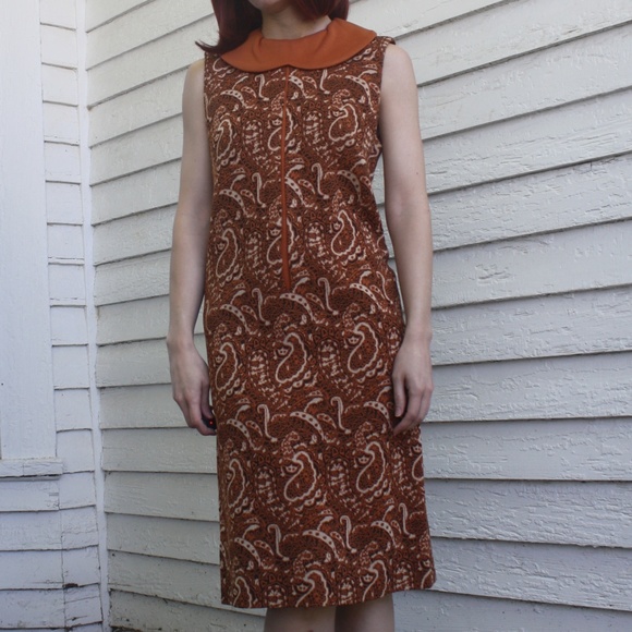 60s Mod Print Dress Rust Spice S Vintage Mary Dobb - Picture 2 of 7